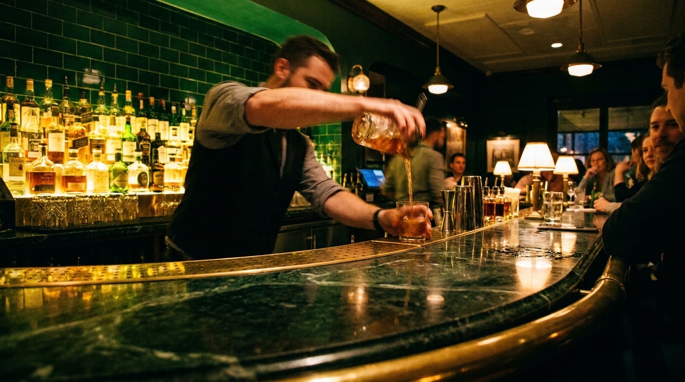 A warm marble and brass restaurant bar at amber hour
