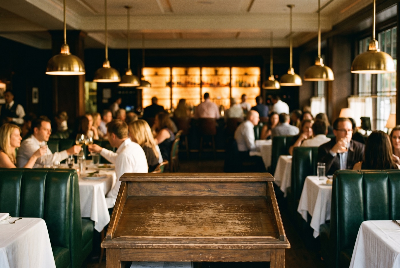 A full warm supper-club dining room at golden hour with green banquettes and brass light