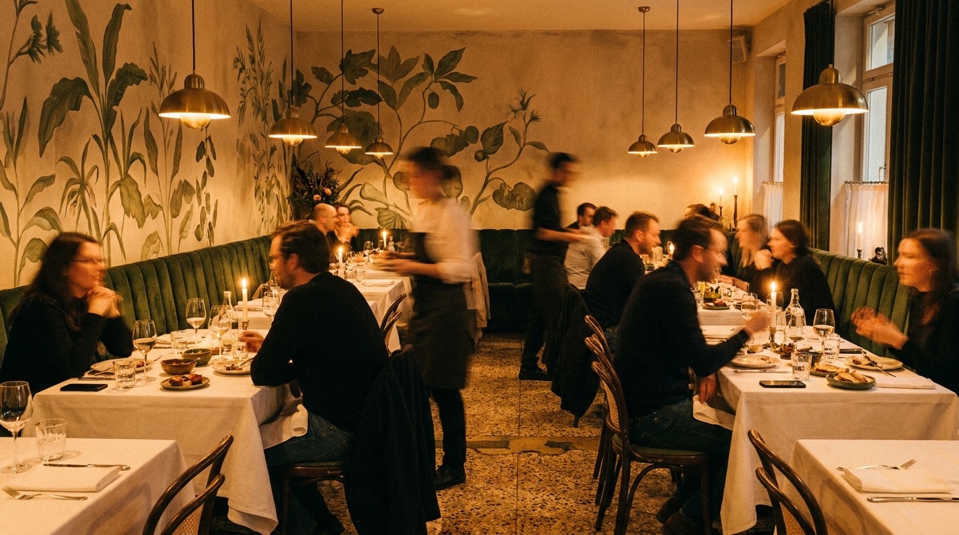 A warm supper-club dining room at golden hour — green banquettes, brass light, tables set