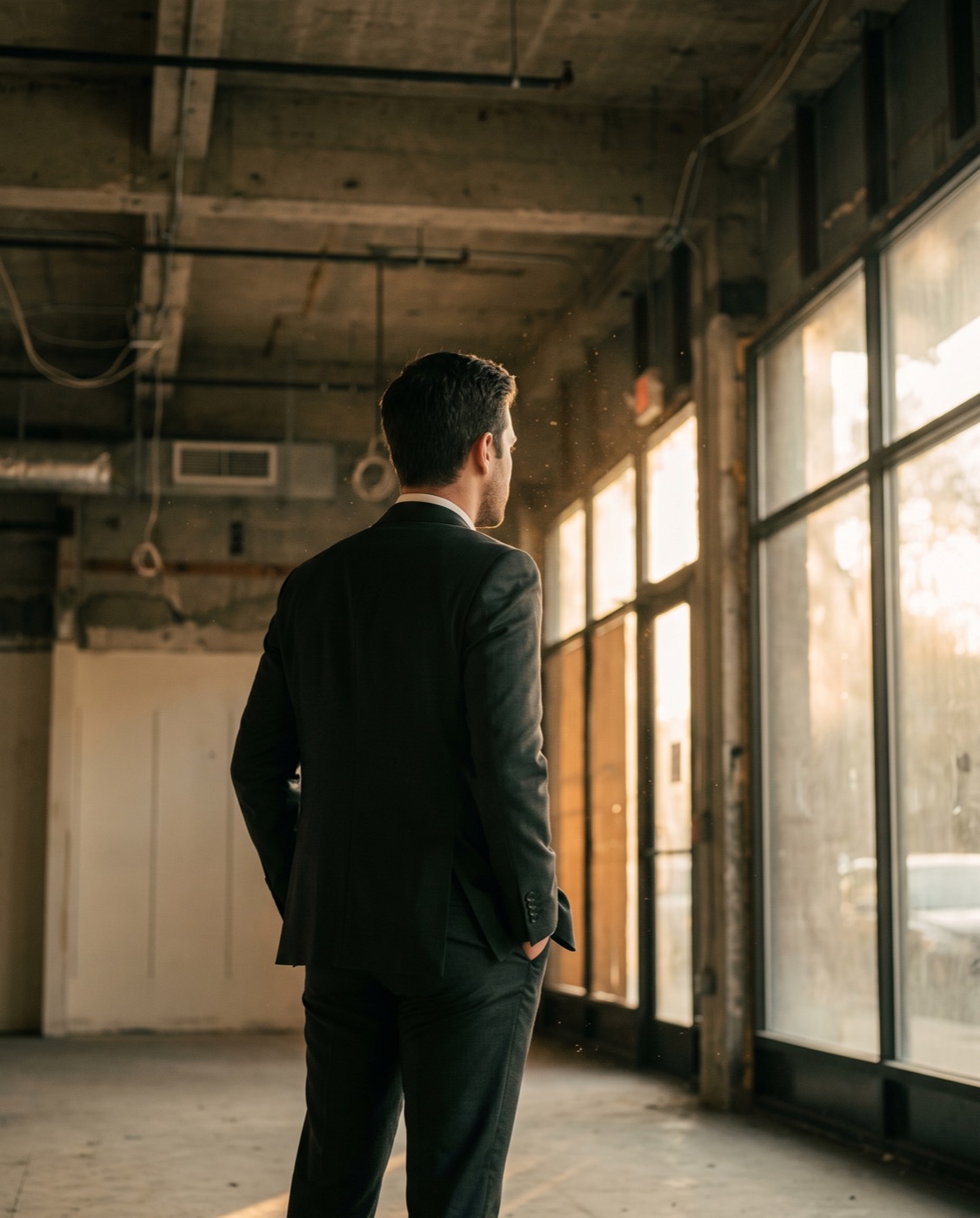 A developer in a dark suit standing in an empty concrete retail shell, looking toward the storefront glass