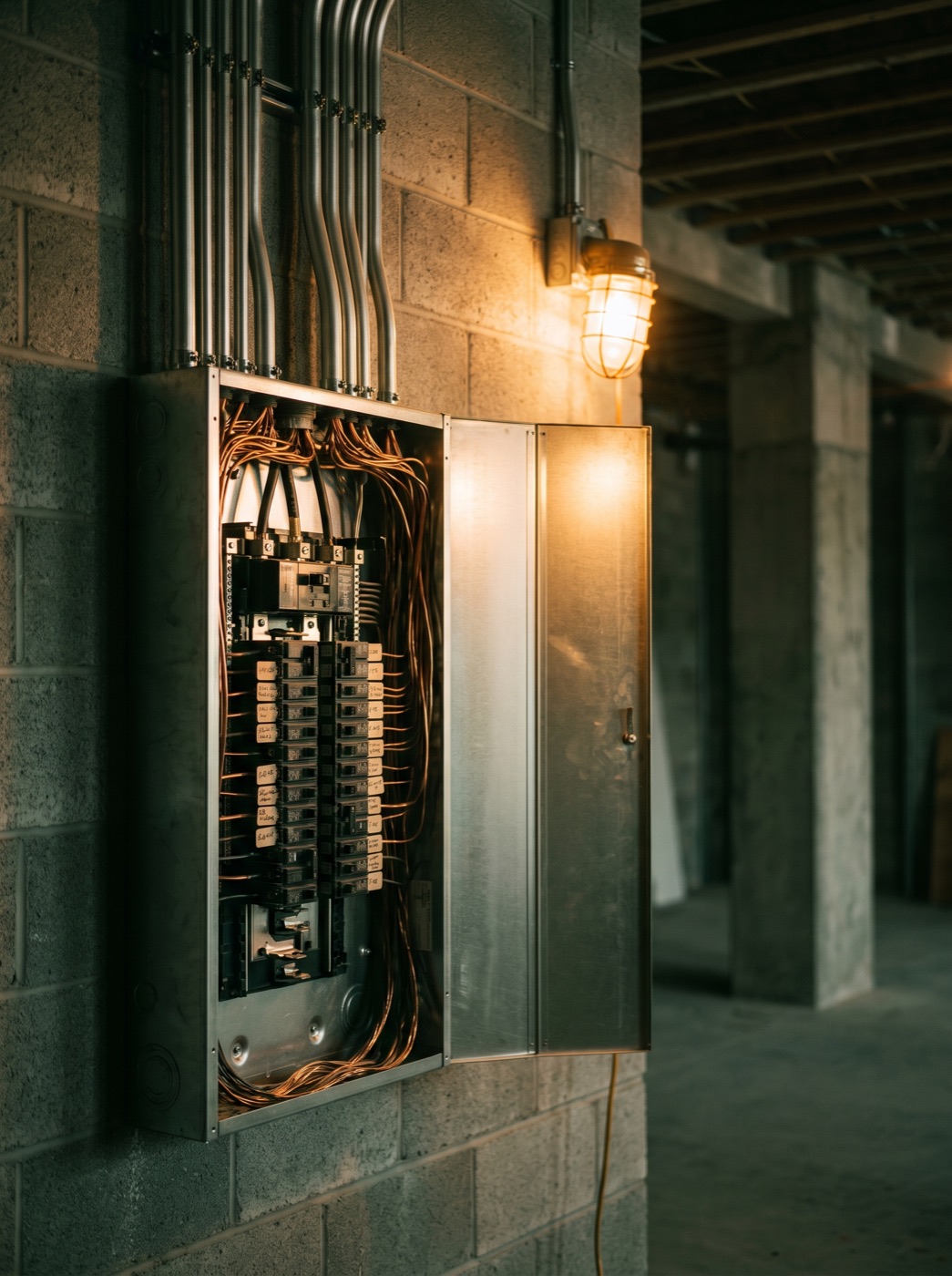 An open 400-amp commercial electrical panel with clean conduit runs in a raw restaurant shell