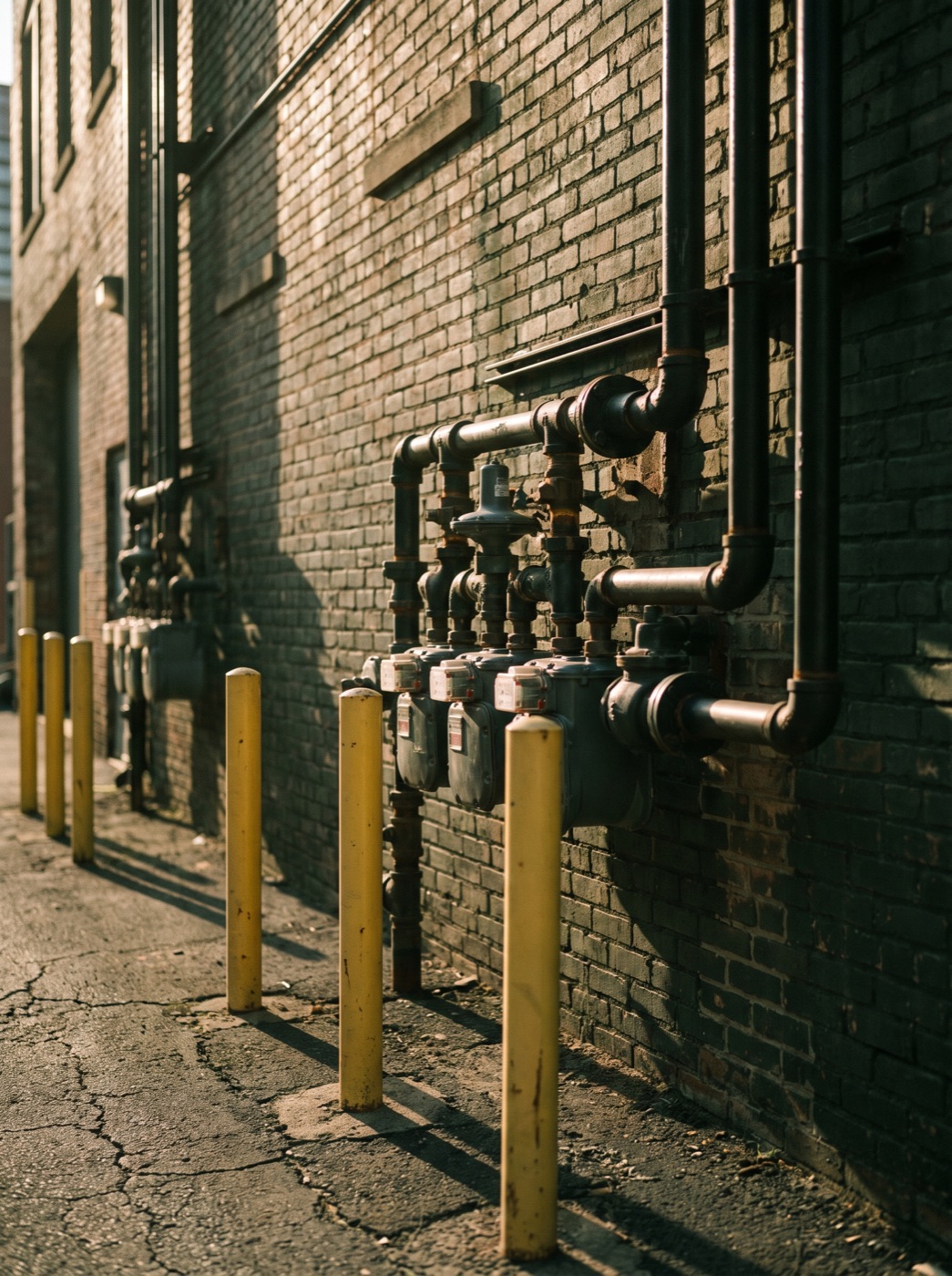 A bank of commercial gas meters and black iron risers on an exterior brick wall