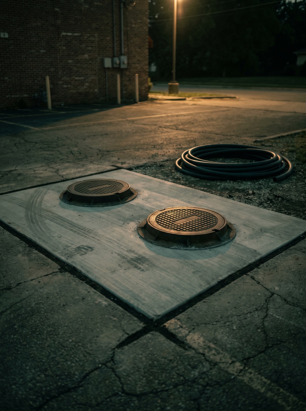 An exterior in-ground grease interceptor set in a fresh concrete pad at dusk